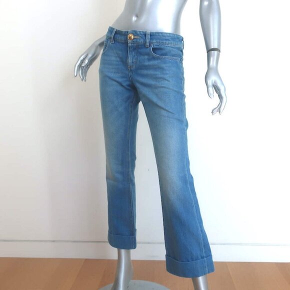 Gucci Cropped Skinny Flare Cuffed Jeans Light Blue Denim Size 40 - Picture 4 of 13